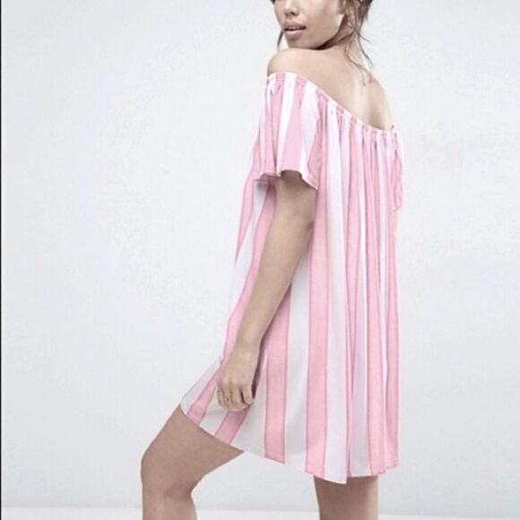 ASOS Pink White Stripe Cabana Candy Stripe Off Shoulder Short Sleeve Dress 8 - Picture 2 of 12